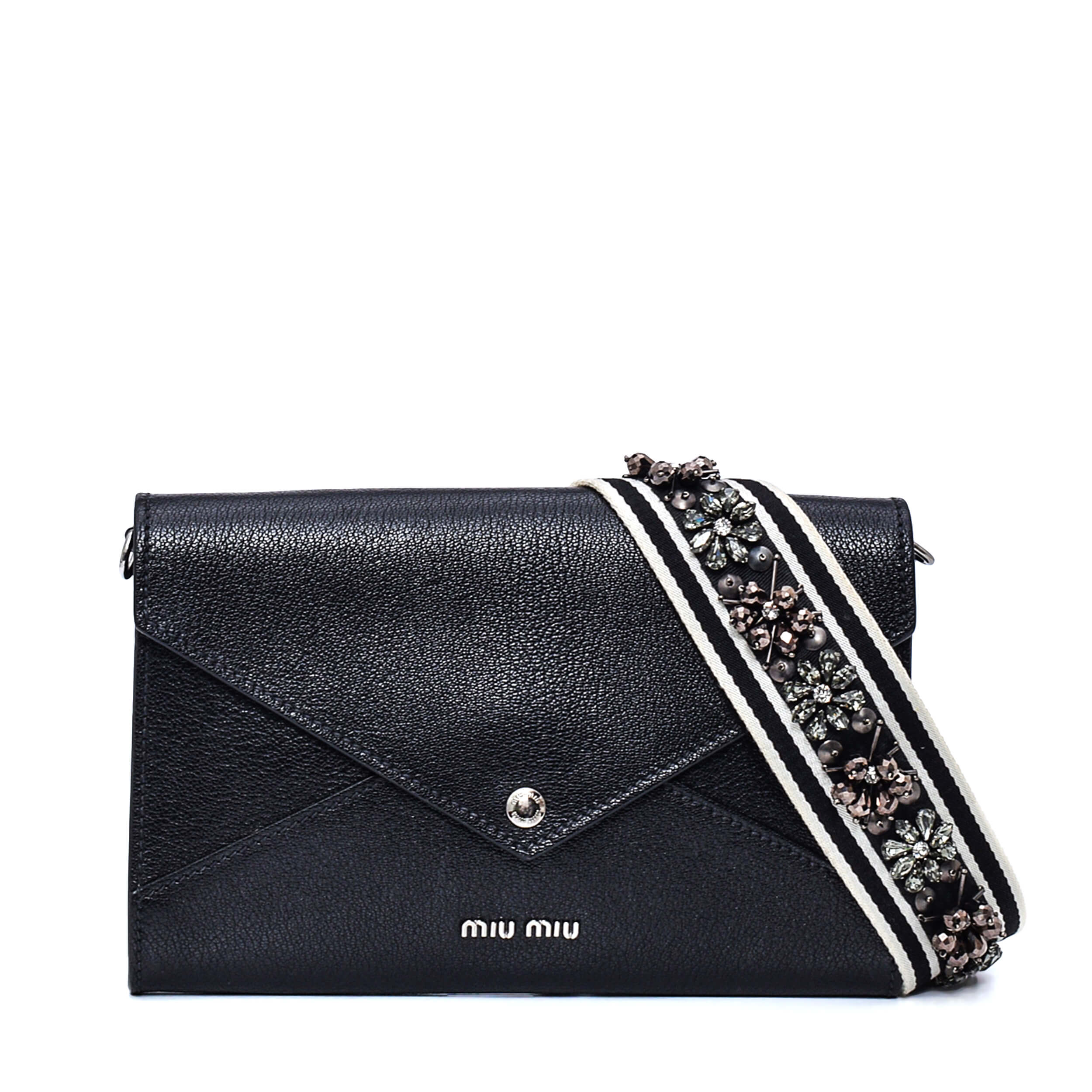 Miu Miu - Black Grained Leather Envelope Clutch with Floral Rhinestone Strap